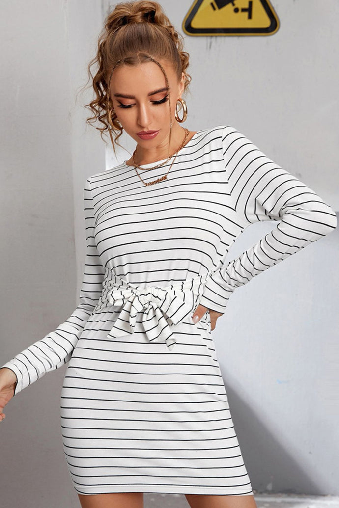 Pinstripe Bow Detail Long Sleeve Dress