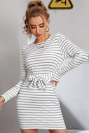 Pinstripe Bow Detail Long Sleeve Dress