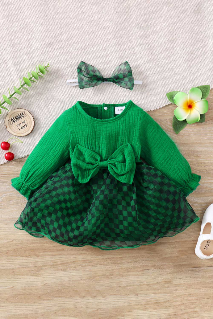 Girls Checkered Bow Detail Spliced Dress
