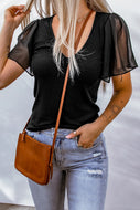 Spliced Mesh Puff Sleeve Ribbed Top