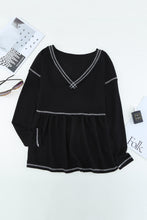 Load image into Gallery viewer, Striped Contrast V-Neck Peplum Waffle-Knit Top
