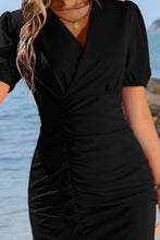 Load image into Gallery viewer, Surplice Neck Ruched Puff Sleeve Dress

