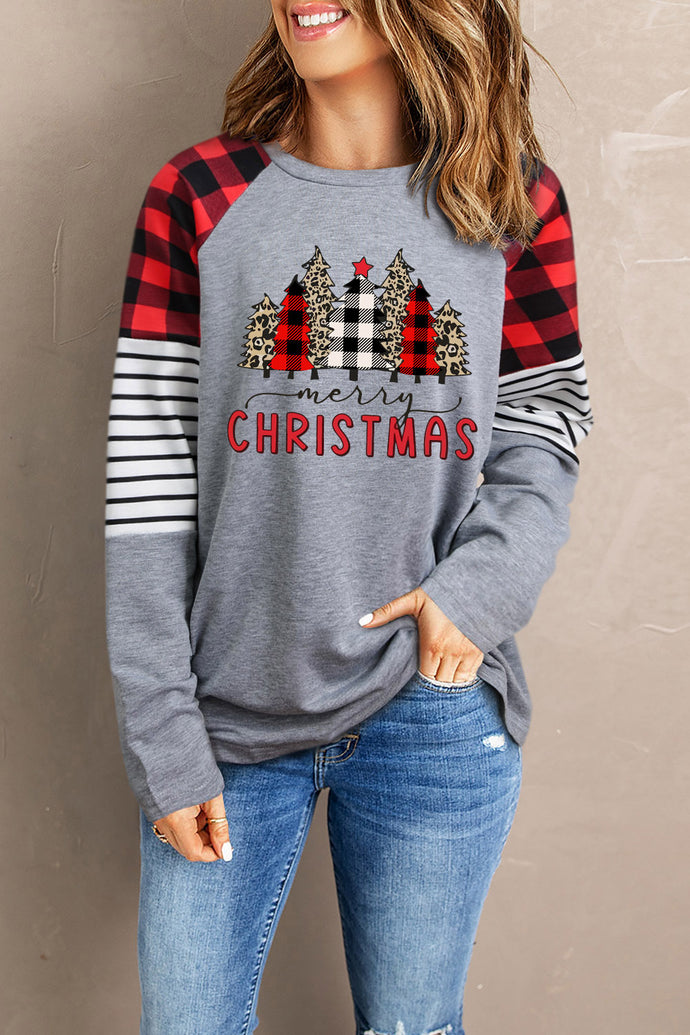 Christmas Tree Graphic Mixed Print Raglan Sleeve Top