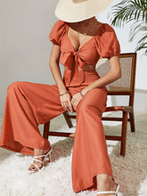 Load image into Gallery viewer, Tie Front Cropped Top and Smocked Wide Leg Pants Set
