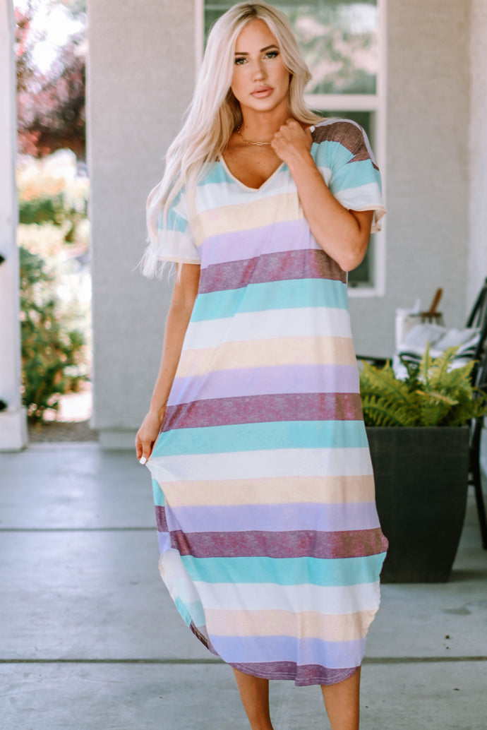 Striped V-Neck Slit Curved Hem Midi Dress