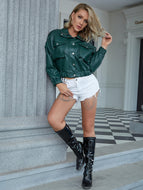 Dropped Shoulder PU Leather Cropped Jacket