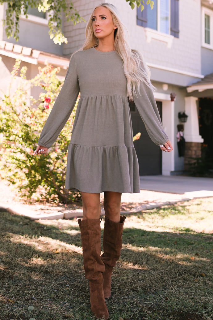 Ribbed Round Neck Long Sleeve Tiered Mini Dress
