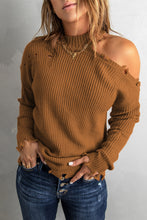 Load image into Gallery viewer, Rib-Knit Destroyed Trim Cold Shoulder Sweater
