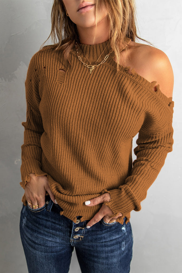 Rib-Knit Destroyed Trim Cold Shoulder Sweater