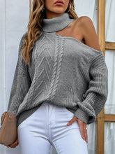 Load image into Gallery viewer, Mixed Knit Cold-Shoulder Turtleneck Sweater
