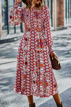 Load image into Gallery viewer, Patchwork Smocked Puff Sleeve Tiered Midi Dress
