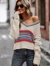 Load image into Gallery viewer, Striped Contrast V-Neck Dropped Shoulder Sweater
