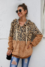 Load image into Gallery viewer, Spliced Leopard Drawstring Zip-Up Teddy Hoodie
