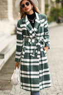 Plaid Double-Breasted Lapel Collar Belted Coat