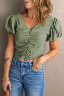 Ruched Short Puff Sleeve Cropped Top