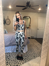 Load image into Gallery viewer, NATURAL Color Athletic Leggings w/ BLACK Silhouette Floral Details| DIBS 242
