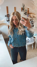 Load image into Gallery viewer, Miss Cropped Raw &amp; Ribbed Denim Jacket Medium Wash by mono b
